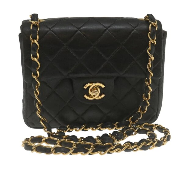 CHANEL Mini Matelasse Chain Flap Shoulder Bag Lamb Skin Black Gold Auth hs689AV - Picture 1 of 16